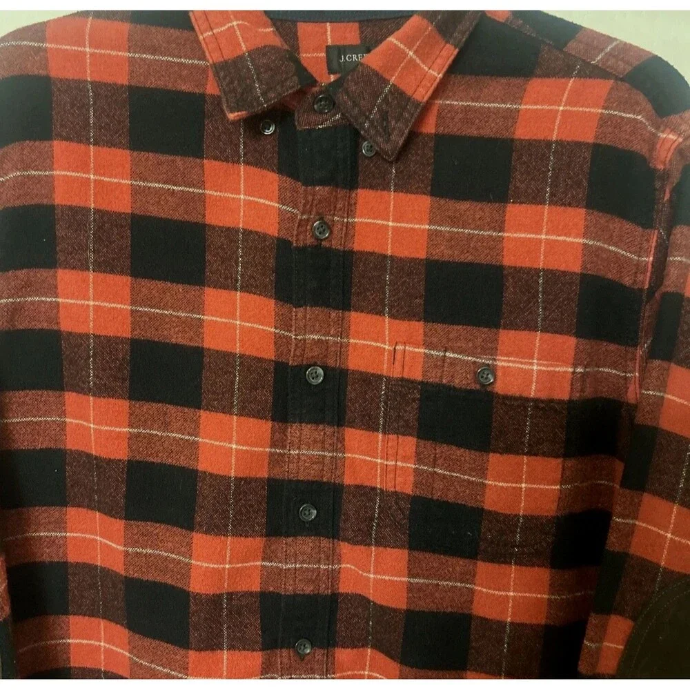 J Crew Flannel Shirt Mens M Wool Cotton Elbow Patch Button Down Red Black Shirt